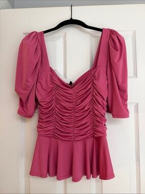 Express Hot Pink Ruched Peplum Puff Sleeve Top